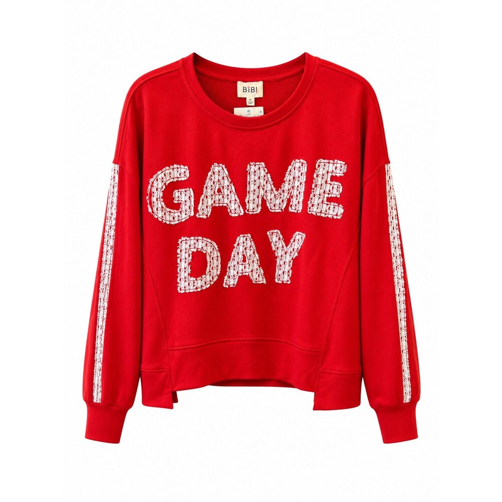 New Bibi Red/White Game Day Lace Applique Sweatshirt Size M